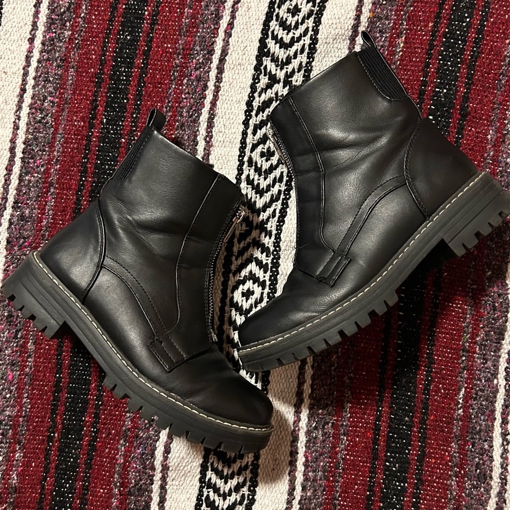 Black faux leather zip up ankle boots